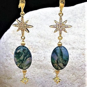 Moss Agate North Star Pole Star Gemstone Earrings in Gold Gift for Her