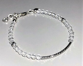 Clear Quartz Sparkling Bar Gemstone Bracelet in 925 Sterling Silver: April Birthstone, 10th Anniversary