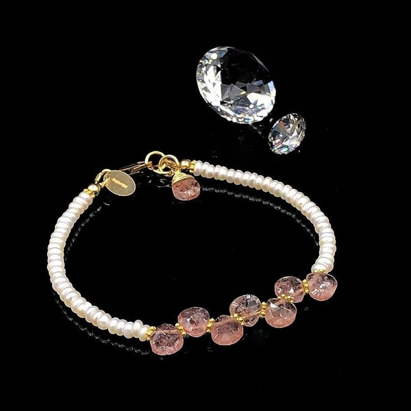 Pearl and Strawberry Quartz Heart Gemstone Bracelet in Gold Third Eye Chakra Heart Chakra June Birthstone 30th Anniversary Gift for Her