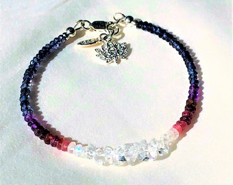 Herkimer Diamond Garnet Moonstone Iolite Tourmaline Ombre Fire and Ice Gemstone Bracelet: Lotus Charm