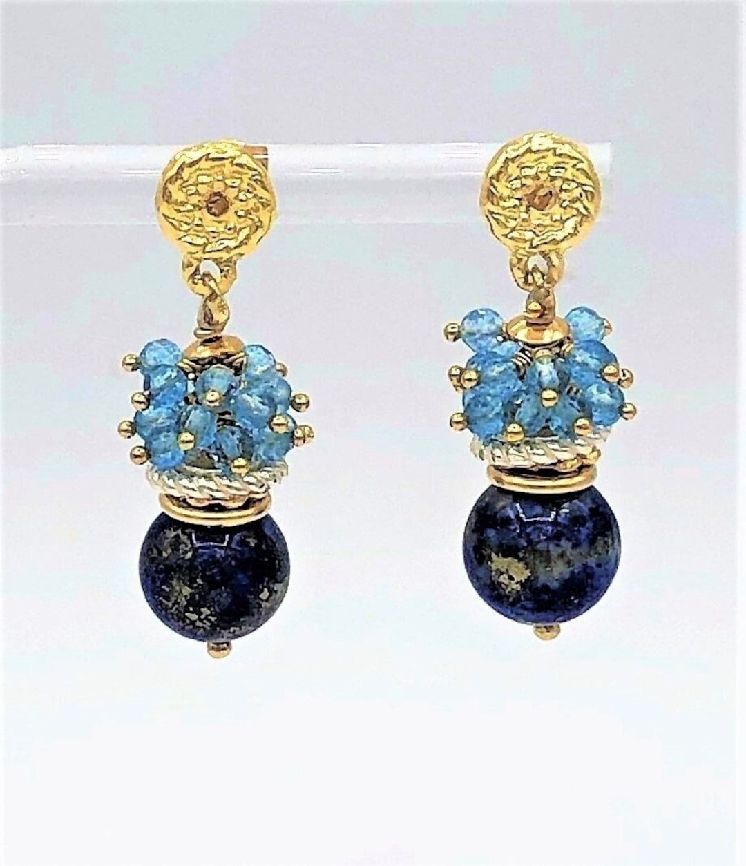 Blue Topaz Lapis Lazuli Fairy Tale Cluster Gemstone Earrings in Gold