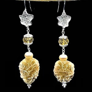 Desert Rose Selenite Citrine & Pearl Lotus Leaf Earrings in Silver: November Birthstone, 13th Anniversary