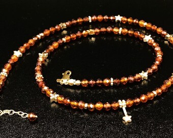 Hessonite Garnet Gemstone Star Necklace Handmade in Gold