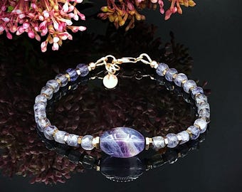 Fluorite Iolite & Titanium Hematite Gemstone Bracelet Handmade in Rose Gold