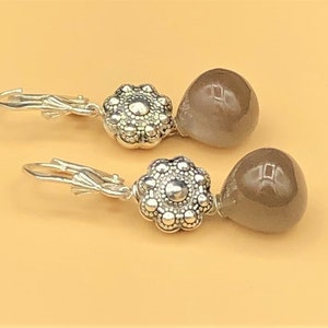 Grey Moonstone Floral Gemstone Dangle Earrings in Sterling Silver June Birthstone