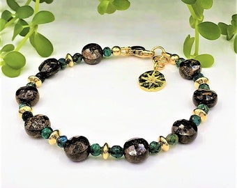 Bronzite and Green Labradorite Gemstone Bracelet in Gold North Star Pole Star Gift for Her Gift for Him