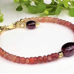 Andesine & Ruby Ombre Shaded Gemstone Bracelet in Gold: July Birthstone, 40th Anniversary