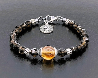 Smoky Quartz and Citrine Handmade Yin Yang Statement Bracelet in Oxidized Sterling Silver