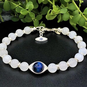 Evil Eye Blue Tiger Eye Moonstone Love Knot Gemstone Bracelet in Sterling Silver Gift for Her Gift for Him Gift for Friend