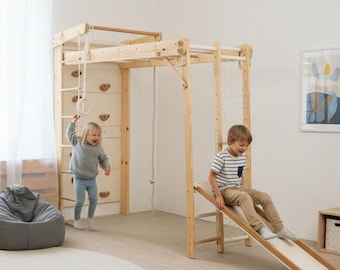 Montessori Wooden Climbing Gym for Toddlers, Foldable Indoor Playset with Slide, Kids Climbing Toy, Playroom Gym