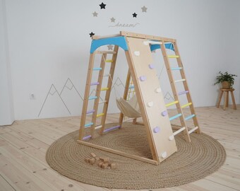 Tour D'escalade Triangulaire 7 En 1 – Bois Massif, Anneaux, Toboggan – Jouet Montessori Pliable – Dès 1 An