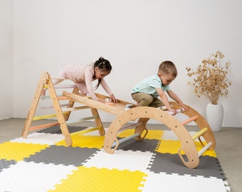 Wooden Climbing Triangle Set: Foldable Toddler Gym with Arch and Slide, Indoor Playset for Active Kids – US Duty Free!