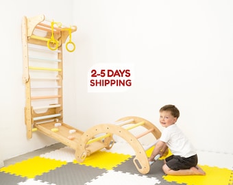 Montessori Climbing Set: Foldable Triangle, Arch, Slide and Swedish Wall Bars with Pull-Up Bar for Toddlers – US Duty Free!