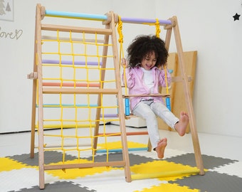 Foldable Solid Hardwood Climbing Triangle: Montessori Inspired Toddler Gym with Slide, Swing and Climbing Wall - US Duty Free!