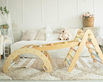 Montessori Climbing Triangle & Swedish Ladder Set: Wooden Indoor Toddler Gym with Arch, Slide and Pull-Up Bar – US Duty Free!