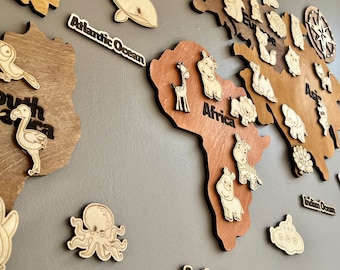 Wooden World Map for Kids: Educational Wall Decor with Animals, Oceans and Personalized Airplane, Nursery or Classroom Gift – US Duty Free!