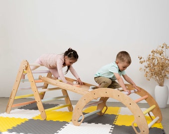 Indoor Climbing Set for Toddlers, Wooden Arch & Slide Play Gym, Foldable Pikler Triangle Alternative, Kids Climber