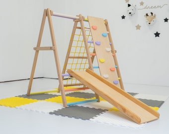 Montessori Climbing triangle with accessories, Christmas Gift for Toddlers, Indoor Jungle Gym, Slide, Swing, Indoor playground-US Duty Free!