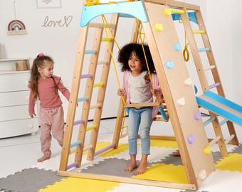 Montessori Climbing Wall: Wooden Indoor Play Gym with Slide, Rings, Swing, Monkey Bars and Net Ladder for Kids – US Duty Free!