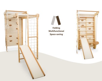 Wooden Jungle Gym: Montessori Climbing Wall, Monkey Bars & Slide