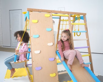 Wooden Indoor Playground with Slide, Rings, Swing, Monkey Bars and Net Ladder for Kids - Montessori Inspired Climbing Wall Playset