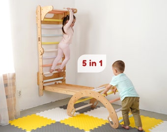 Montessori Climbing Triangle Set: Beech Wood Swedish Ladder with Pull-Up Bar - US Duty Free!
