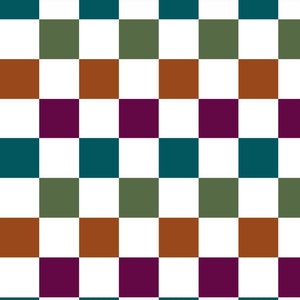 Puede incluir: Un patrón de cuadros con cuadrados alternos de blanco, azul verdoso, verde oscuro, marrón y morado.