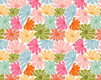 Könnte beinhalten: Ein nahtloses Muster mit verschiedenen bunten Blumen auf weißem Hintergrund. Die Blumen sind in den Farben Rosa, Blau, Grün, Orange und Gelb gehalten.
