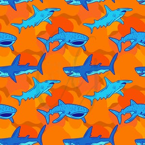 May include: A seamless pattern featuring blue sharks of different species on an orange background. The pattern includes hammerhead sharks, whale sharks, and great white sharks.