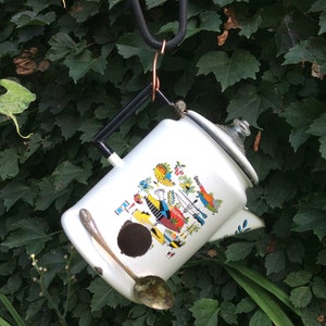 Folk Art Enamel Kettle Birdhouse, Garden Decorations, Yard Art