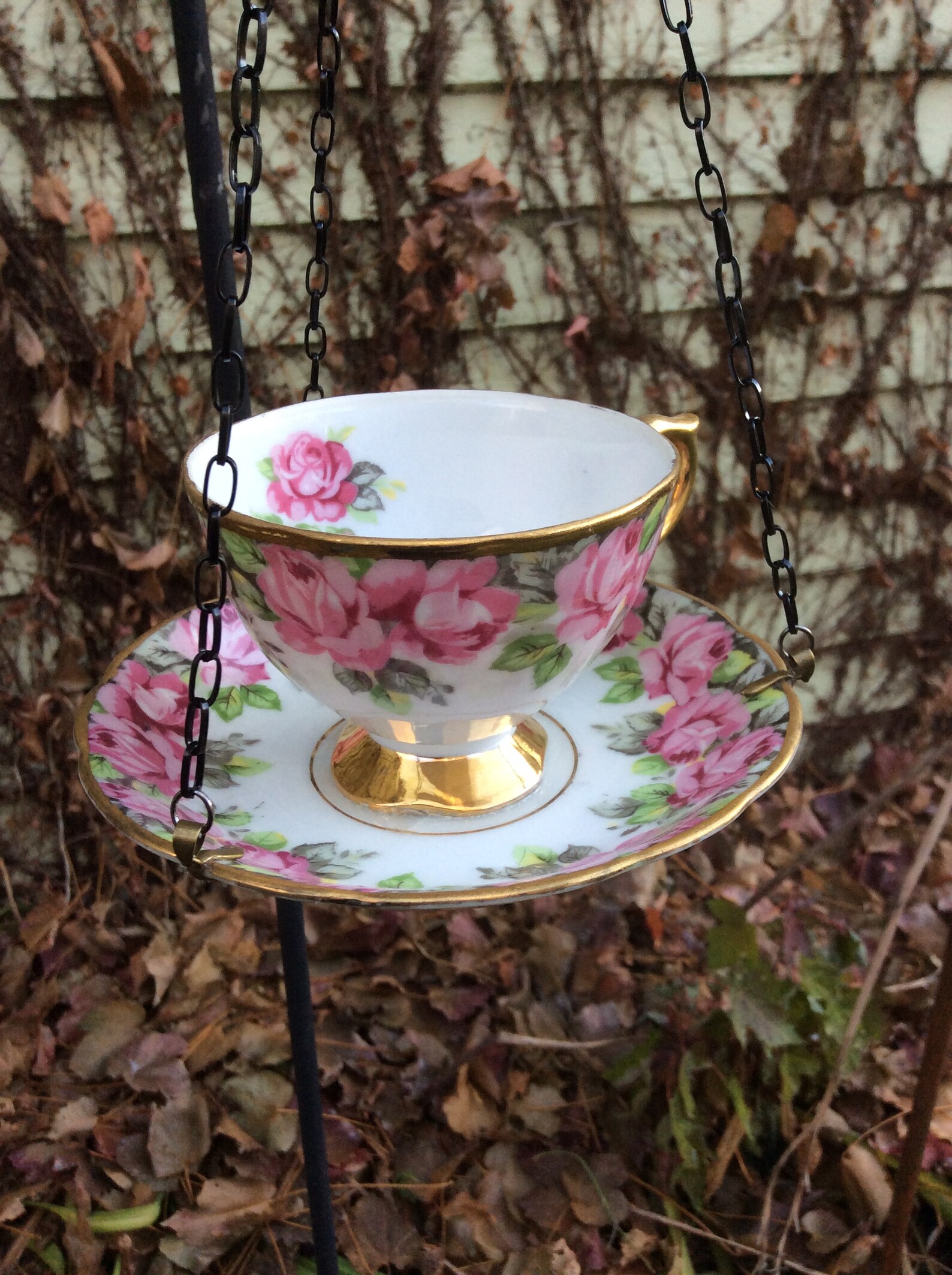 Teacup Bird Feeder with Lots of Pink Roses Etsy