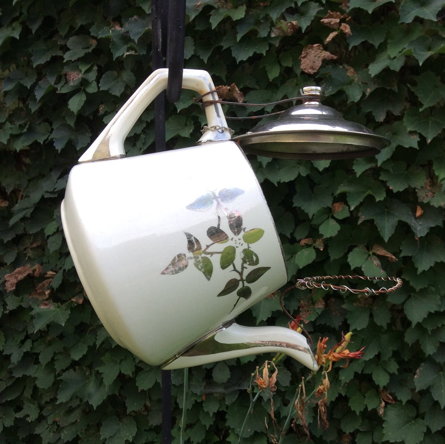 Yard Art Garden Decorations Silver Teapot  Birdhouse