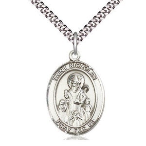 St Nicholas Sterling Silver Pendant on a 24 inch Light Rhodium Heavy Curb Chain.