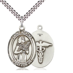 Pendentif Sainte-Agathe infirmière en argent sterling sur une chaîne gourmette lourde en rhodium léger de 61 cm.