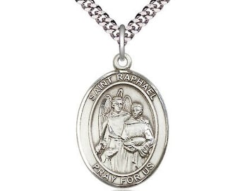 St Raphael the Archangel Pendant Sterling Silver on a 24 inch Light Rhodium Heavy Curb Chain.