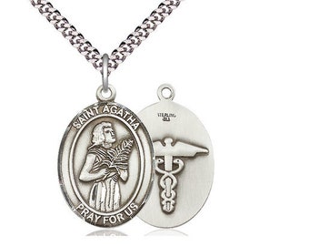 St Agatha Nurse Sterling Silver Pendant on a 24 inch Light Rhodium Heavy Curb Chain.