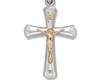 Sterling Silver & 14KT Yellow Gold Crucifix - 1 1/4 X 13/16 Inch