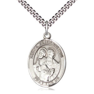 St Peter & St Paul Sterling Silver Pendant on a 24 inch Light Rhodium Heavy Curb Chain.