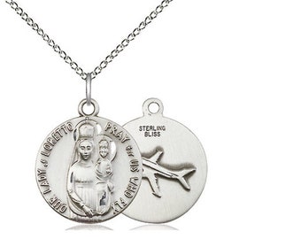 Our Lady of Loretto Sterling Silver Pendant on a 18 inch Sterling Silver Light Curb Chain.