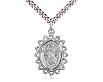 Our Lady of Guadalupe Sterling Silver Pendant on a 24 inch Light Rhodium Heavy Curb Chain.