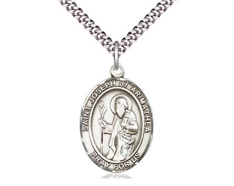 St Joseph of Arimathea  Sterling Silver Pendant on a 24 inch Light Rhodium Heavy Curb Chain.