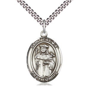 St Casimir of Poland Sterling Silver Pendant on a 24 inch Light Rhodium Heavy Curb Chain.