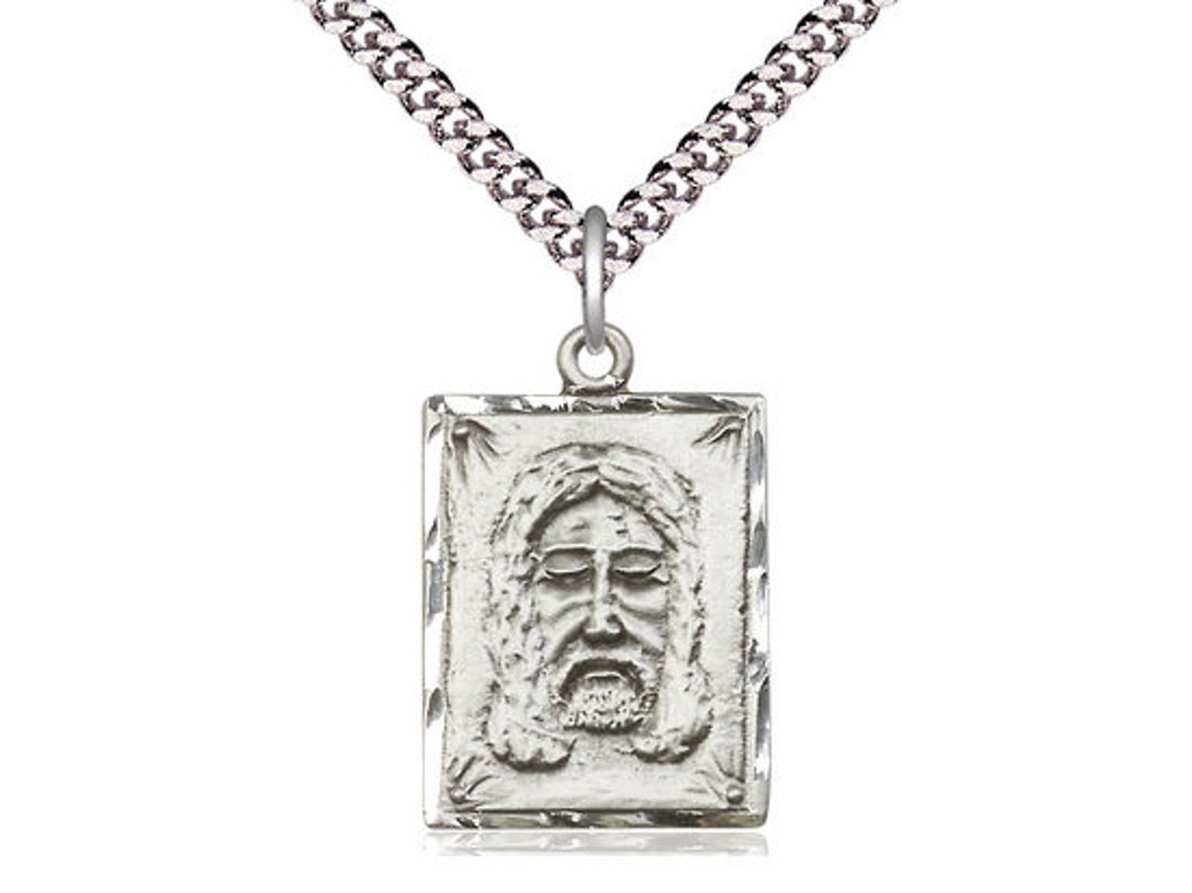 Sterling Silver Holy Face Pendant on a 24 Inch Light Rhodium Heavy Curb ...