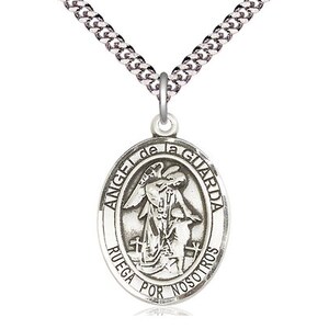 Angel de la Guarda Sterling Silver Pendant on a 24 inch Light Rhodium Heavy Curb Chain.