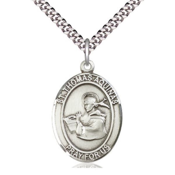 St Thomas Aquinas Sterling Silver Pendant on a 24 inch Light Rhodium Heavy Curb Chain.