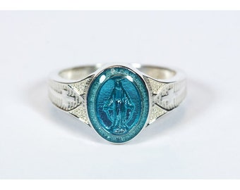 Sterling Silver Religous Ring w/Blue Epoxy
