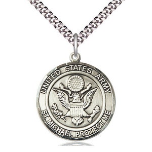 Army St Michael Sterling Silver Pendant on a 24 inch Light Rhodium Heavy Curb Chain.