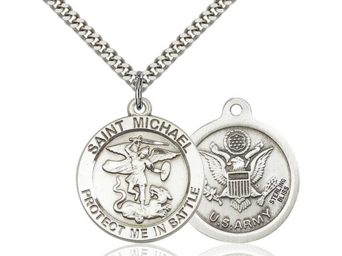 St Michael Army Sterling Silver Pendant on a 24 Inch Light Rhodium ...