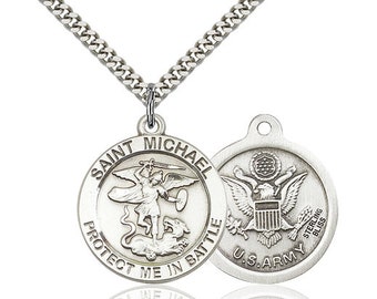 St Michael Army Sterling Silver Pendant  on a 24 inch Light Rhodium Heavy Curb Chain.