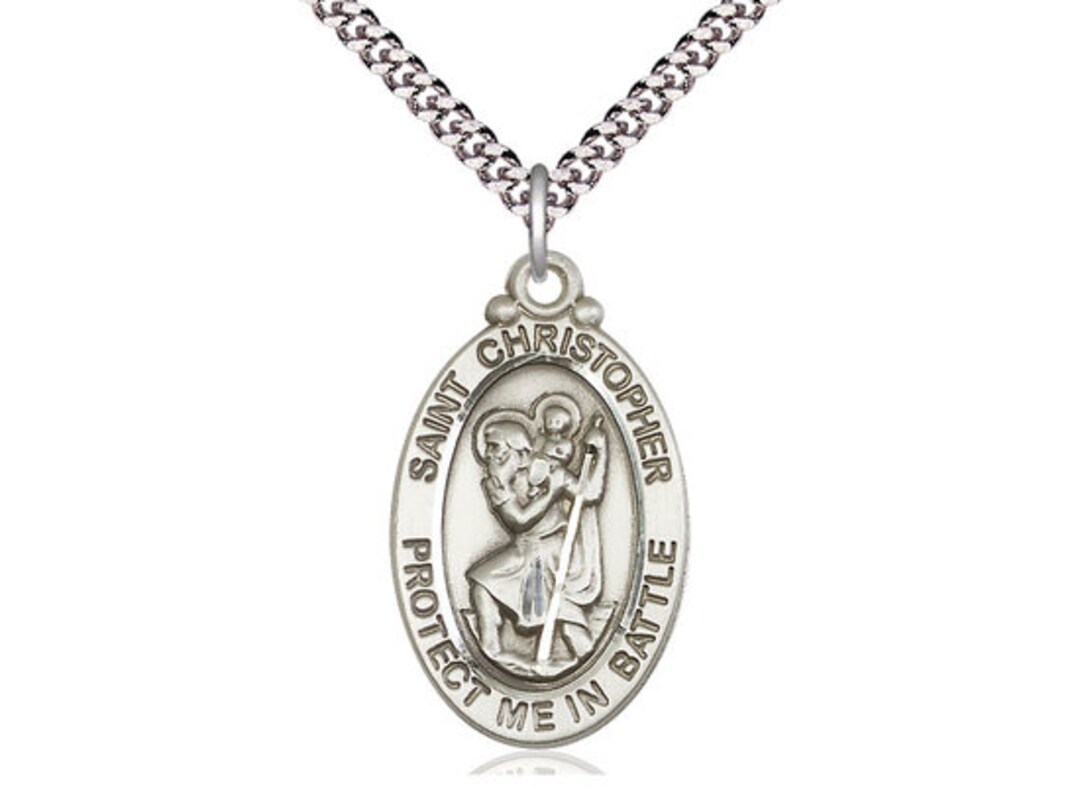 St Christopher Sterling Silver Pendant on a 24 Inch Light Rhodium Heavy ...